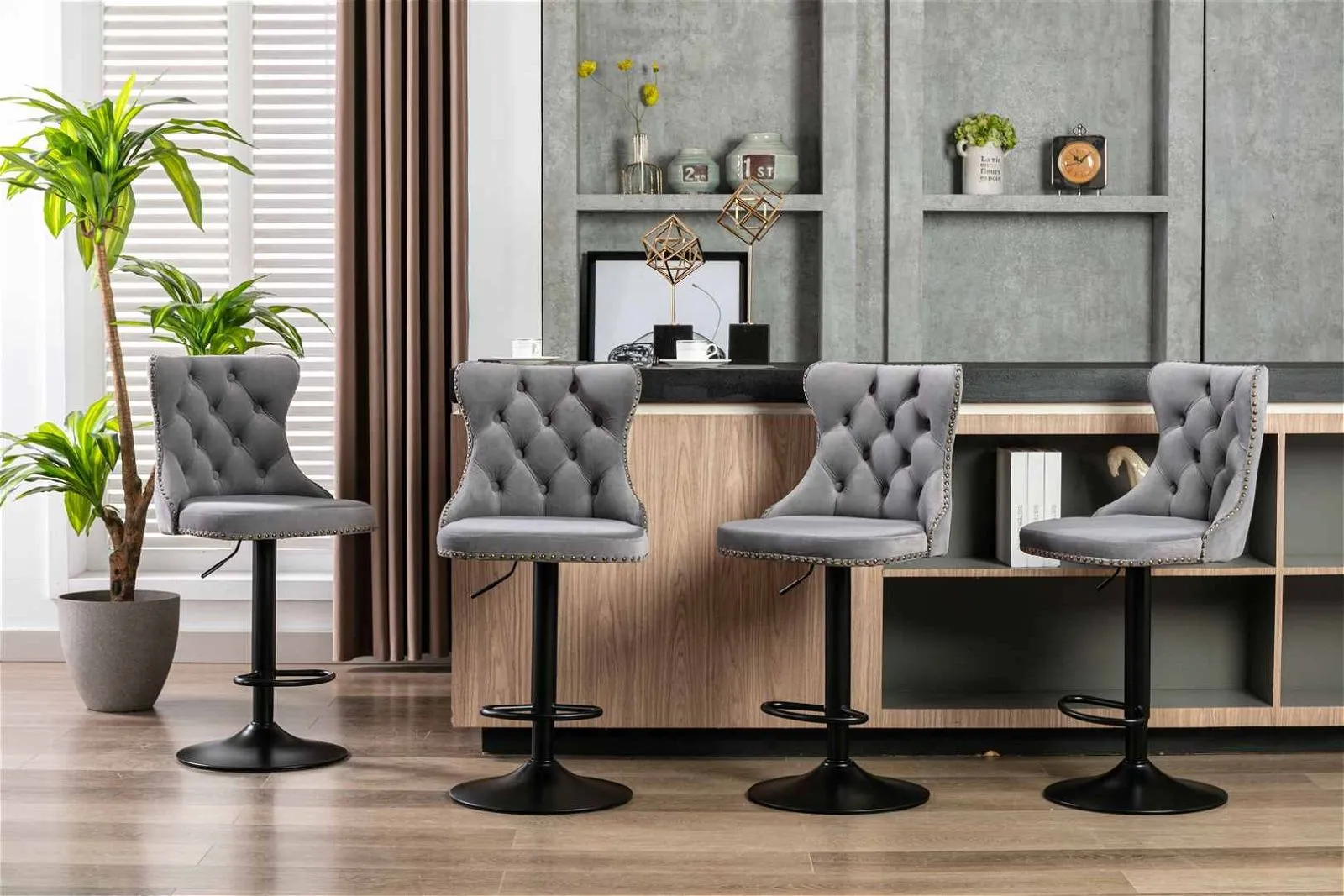 Four Height Adjustable Swivel Bar Stool Velvet Nail head Barstool with Footrest
