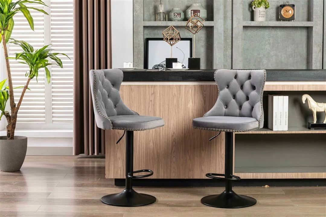 Four Height Adjustable Swivel Bar Stool Velvet Nail head Barstool with Footrest
