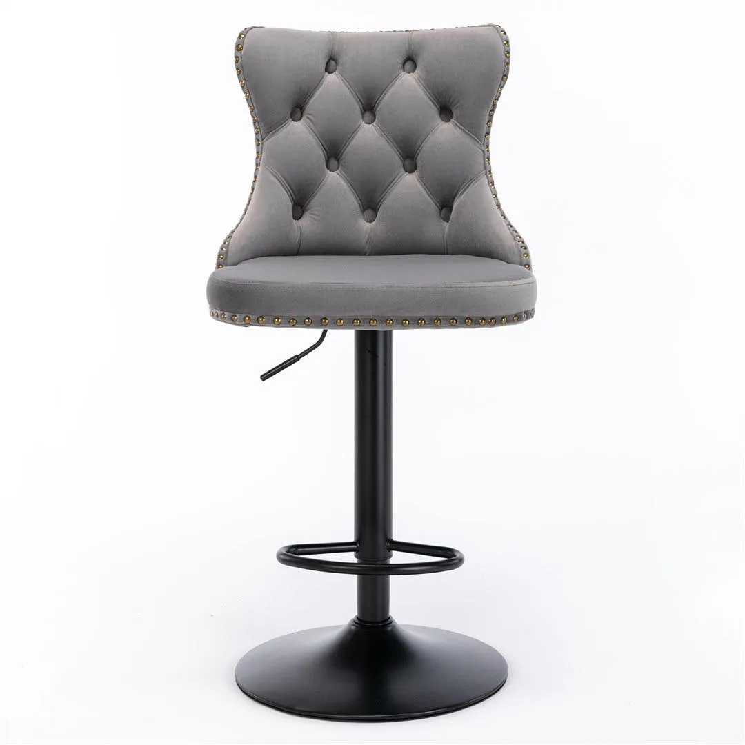 Four Height Adjustable Swivel Bar Stool Velvet Nail head Barstool with Footrest