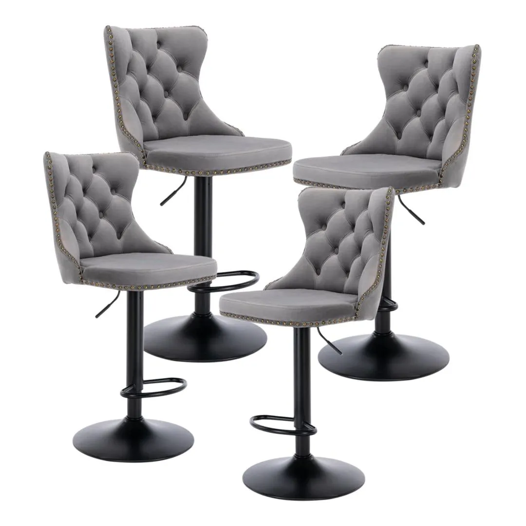 Four Height Adjustable Swivel Bar Stool Velvet Nail head Barstool with Footrest
