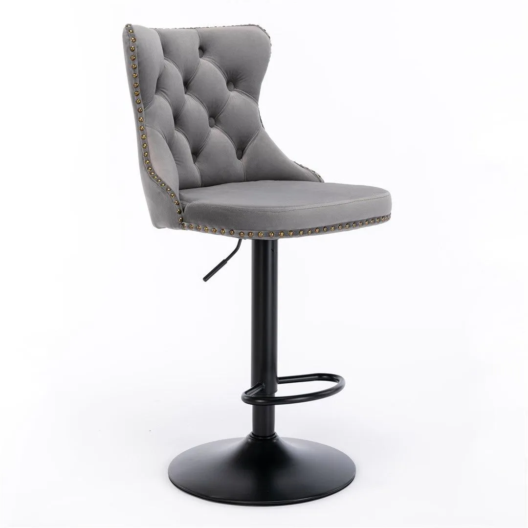 Four Height Adjustable Swivel Bar Stool Velvet Nail head Barstool with Footrest