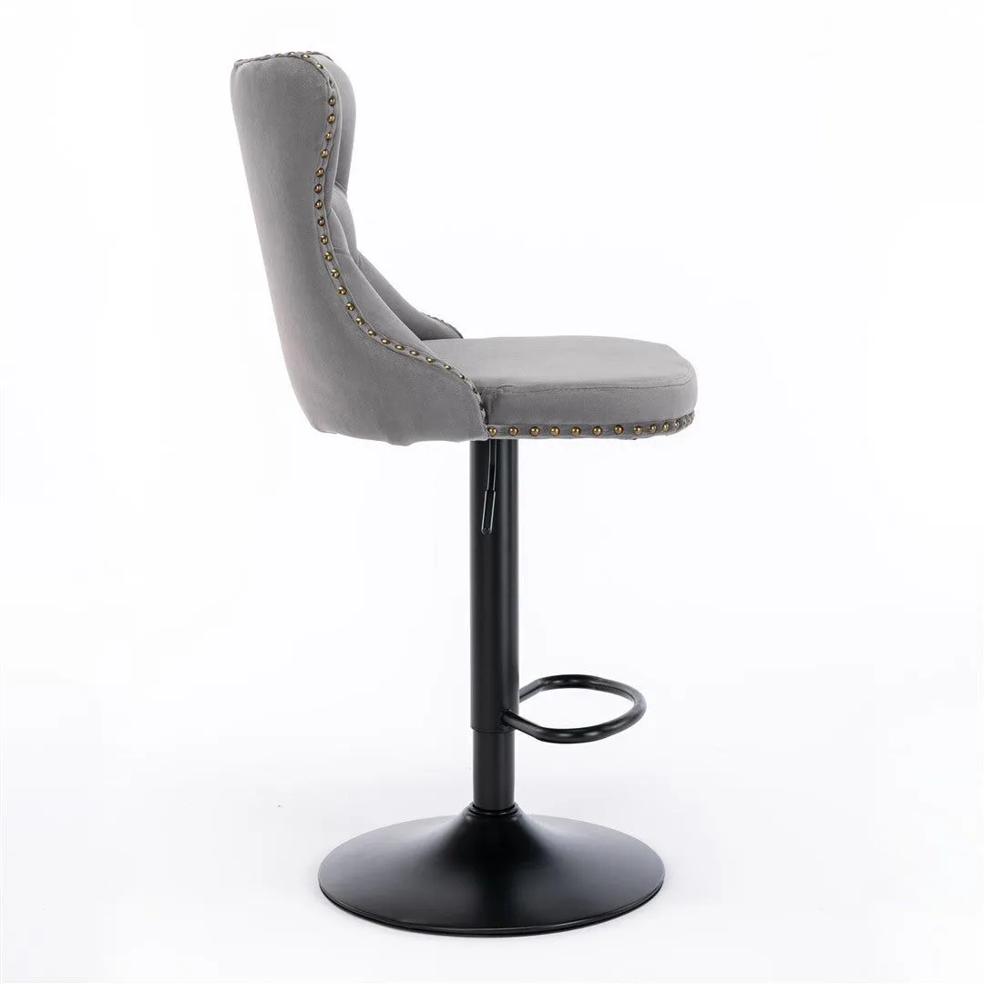 Four Height Adjustable Swivel Bar Stool Velvet Nail head Barstool with Footrest