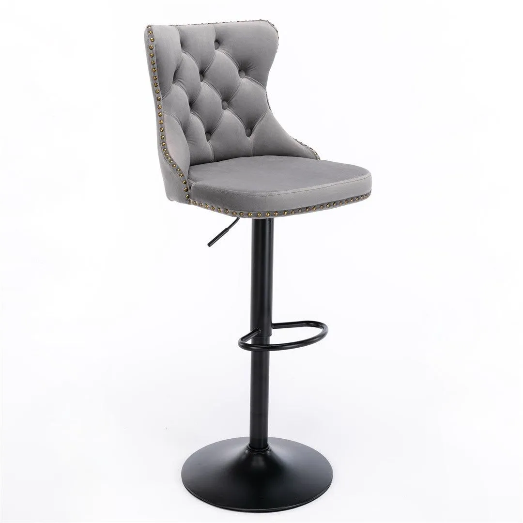 Four Height Adjustable Swivel Bar Stool Velvet Nail head Barstool with Footrest