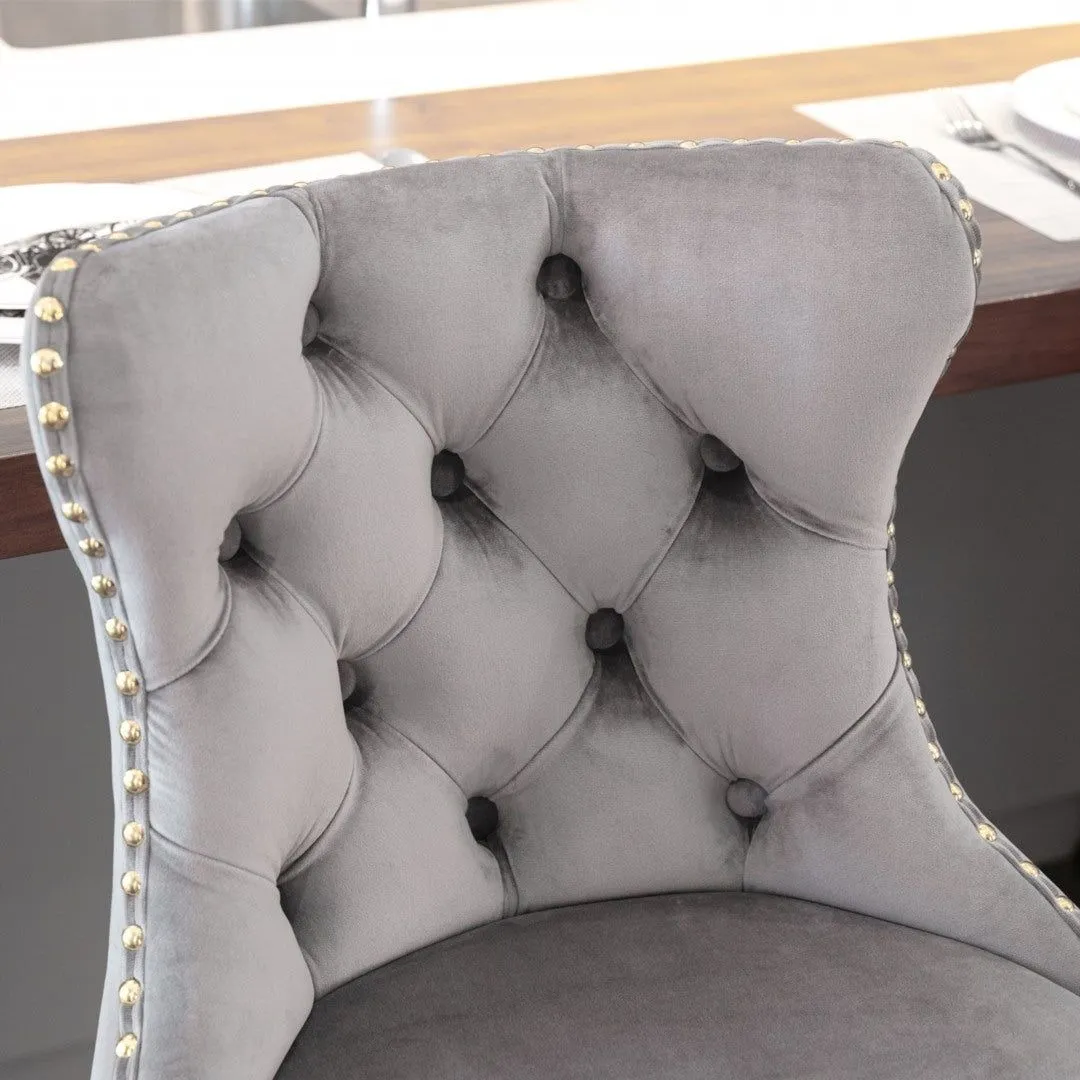 Four Height Adjustable Swivel Bar Stool Velvet Studs Barstool with Footrest and Golden Base- Grey