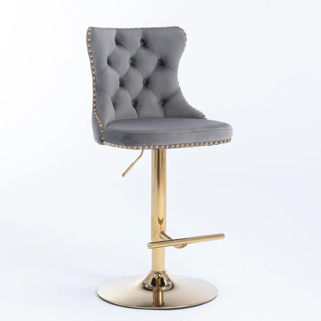 Four Height Adjustable Swivel Bar Stool Velvet Studs Barstool with Footrest and Golden Base- Grey