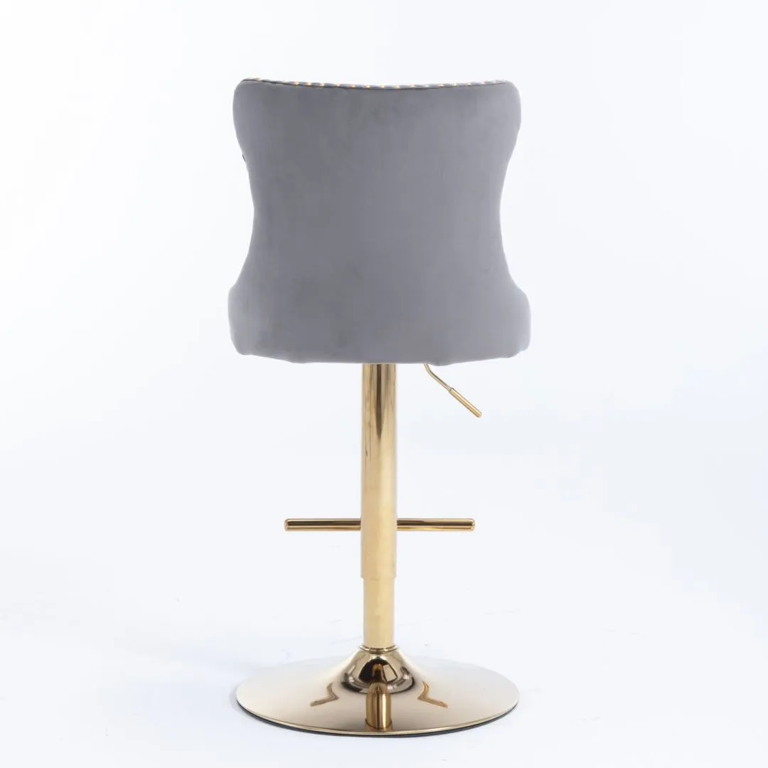 Four Height Adjustable Swivel Bar Stool Velvet Studs Barstool with Footrest and Golden Base- Grey