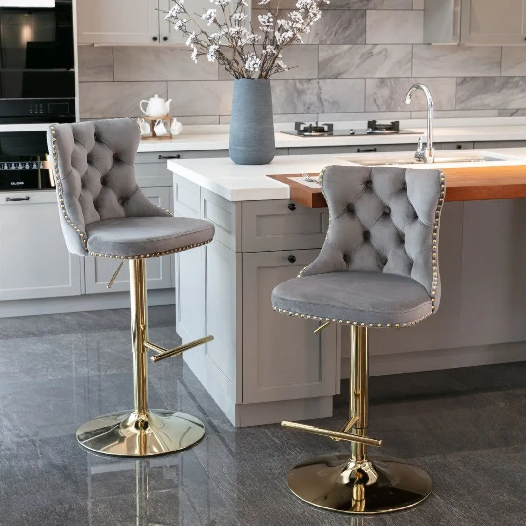 Four Height Adjustable Swivel Bar Stool Velvet Studs Barstool with Footrest and Golden Base- Grey