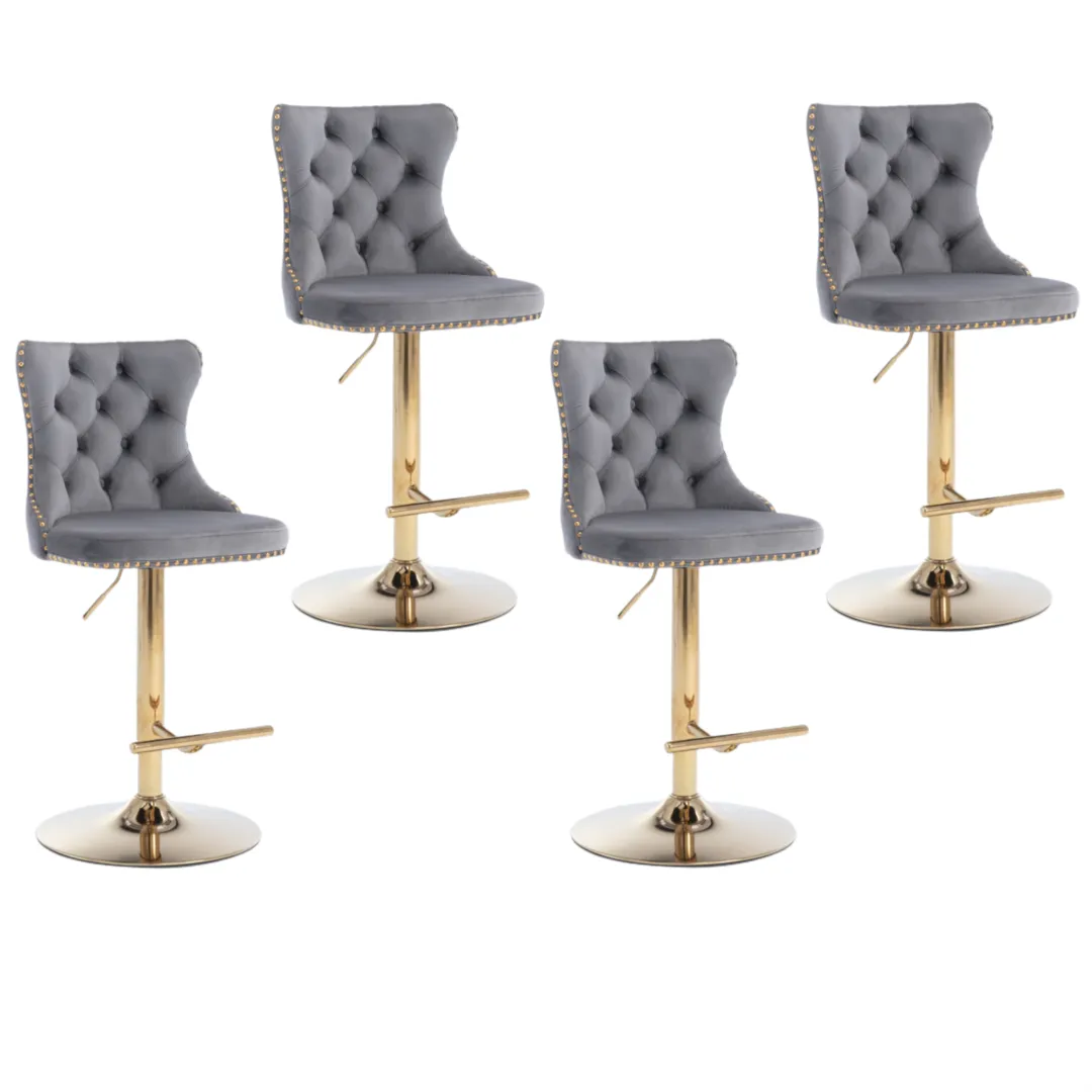 Four Height Adjustable Swivel Bar Stool Velvet Studs Barstool with Footrest and Golden Base- Grey