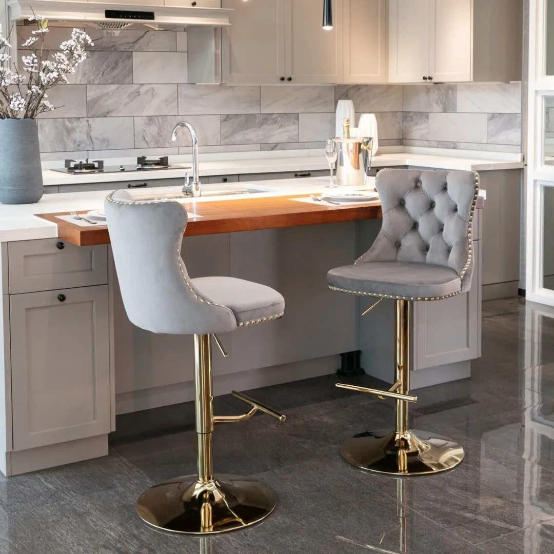 Four Height Adjustable Swivel Bar Stool Velvet Studs Barstool with Footrest and Golden Base- Grey