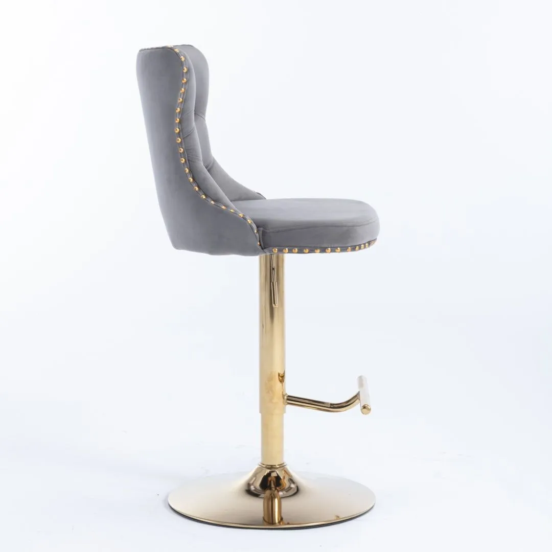 Four Height Adjustable Swivel Bar Stool Velvet Studs Barstool with Footrest and Golden Base- Grey