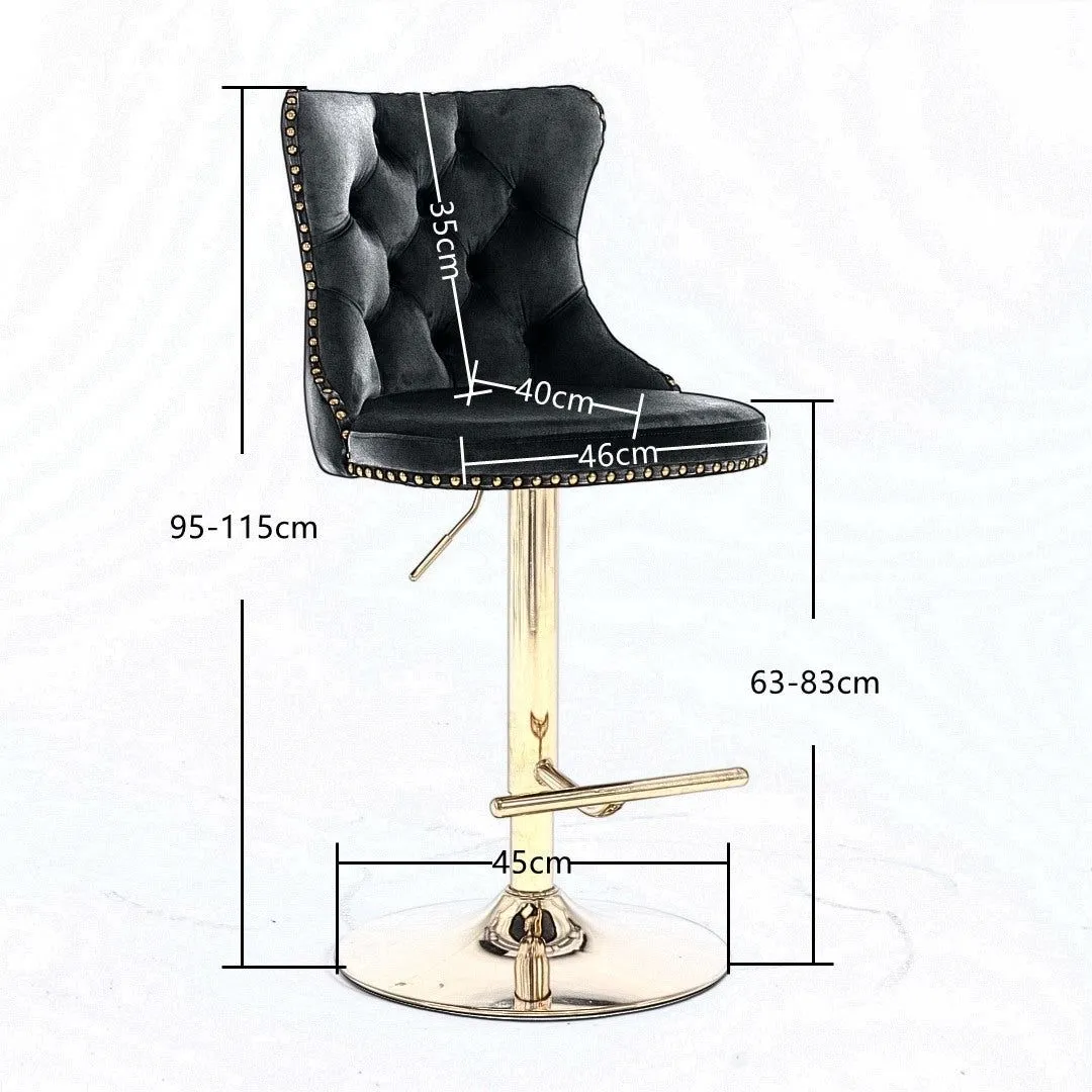Four Height Adjustable Swivel Bar Stool Velvet Studs Barstool with Footrest and Golden Base- Grey