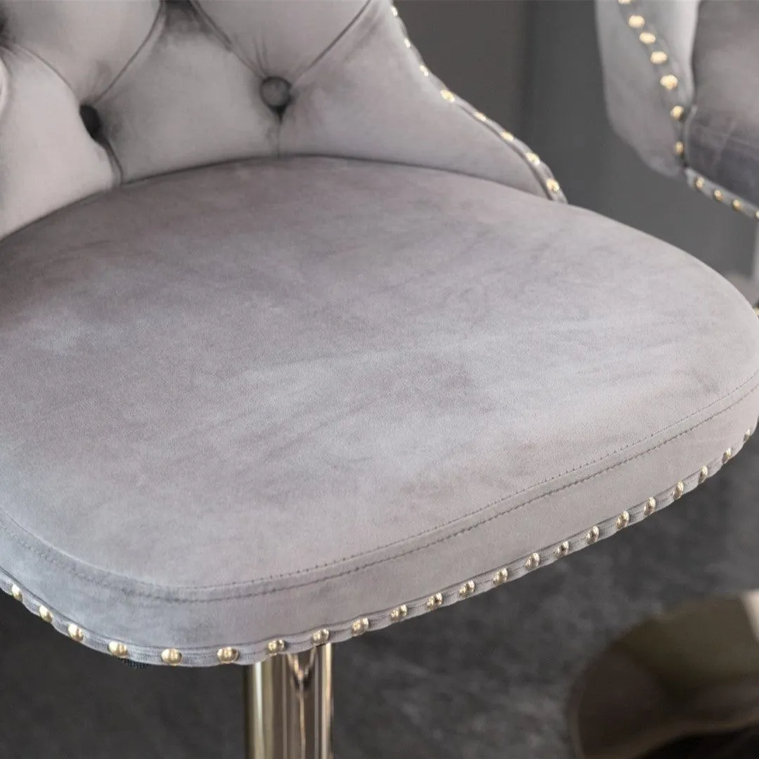 Four Height Adjustable Swivel Bar Stool Velvet Studs Barstool with Footrest and Golden Base- Grey