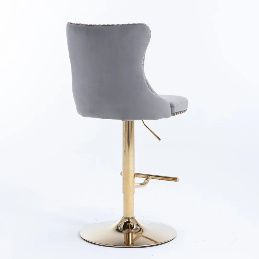 Four Height Adjustable Swivel Bar Stool Velvet Studs Barstool with Footrest and Golden Base- Grey