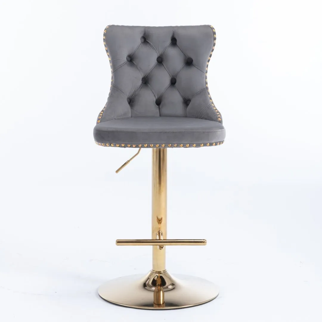 Four Height Adjustable Swivel Bar Stool Velvet Studs Barstool with Footrest and Golden Base- Grey