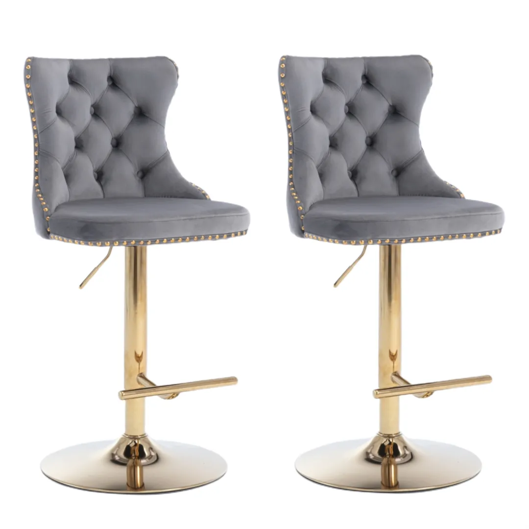 Four Height Adjustable Swivel Bar Stool Velvet Studs Barstool with Footrest and Golden Base- Grey