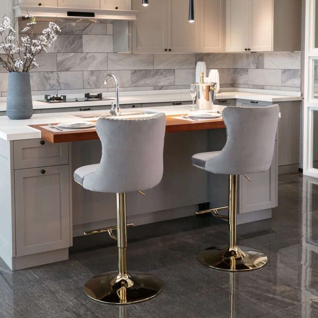 Four Height Adjustable Swivel Bar Stool Velvet Studs Barstool with Footrest and Golden Base- Grey