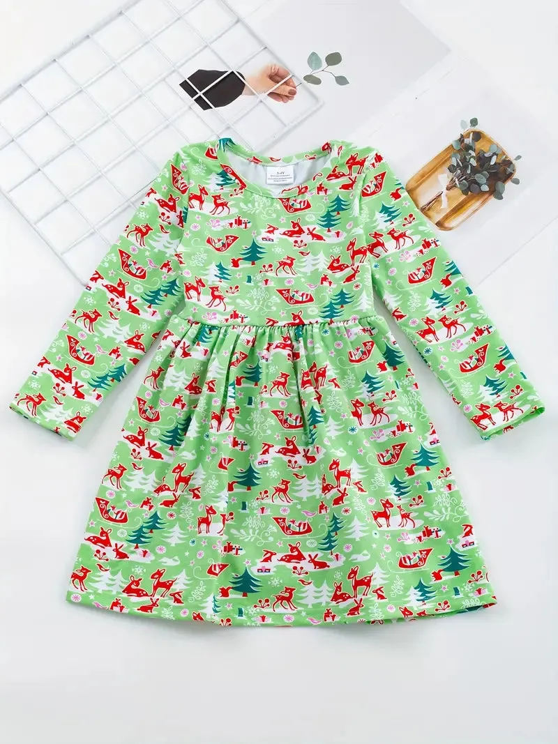 Girls Casual Long Sleeve Snowman Graphic Dress