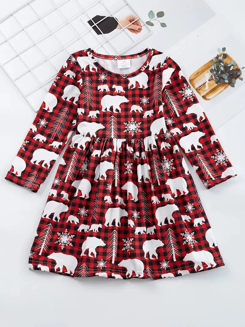 Girls Casual Long Sleeve Snowman Graphic Dress
