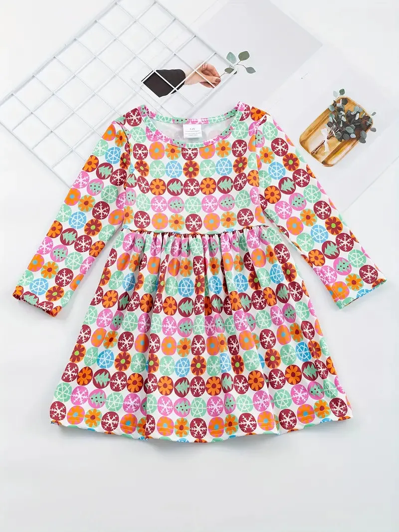 Girls Casual Long Sleeve Snowman Graphic Dress