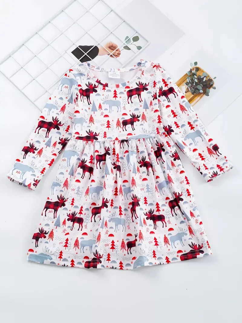 Girls Casual Long Sleeve Snowman Graphic Dress