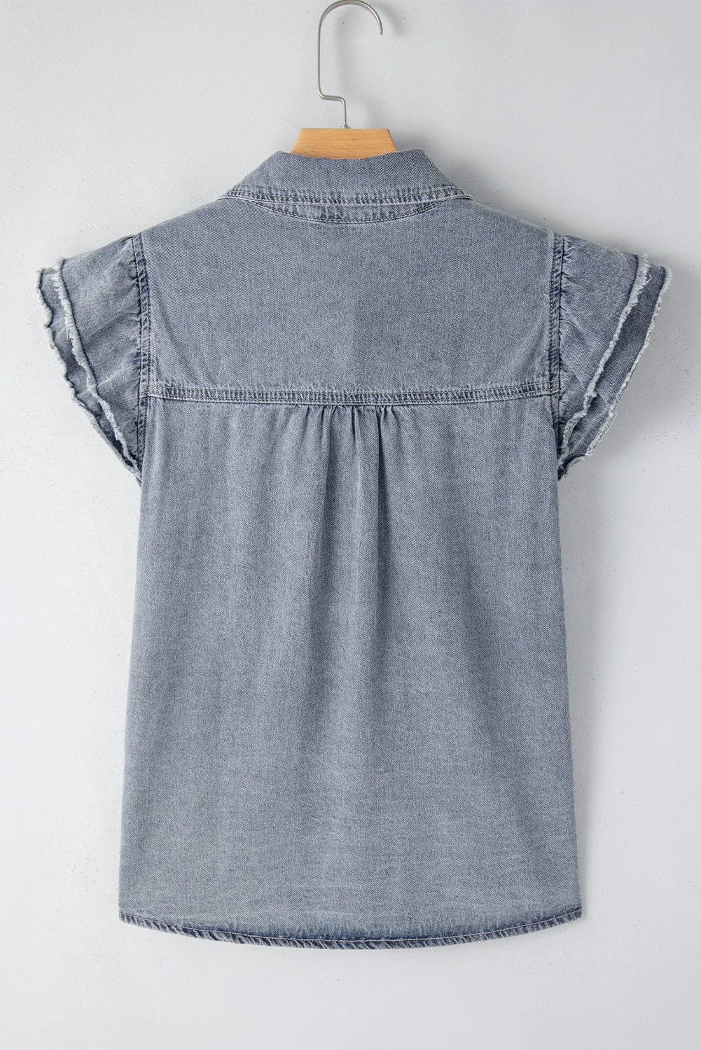 Gothic Outlaws Beau Blue Frayed Layered Ruffle Sleeve Denim Blouse