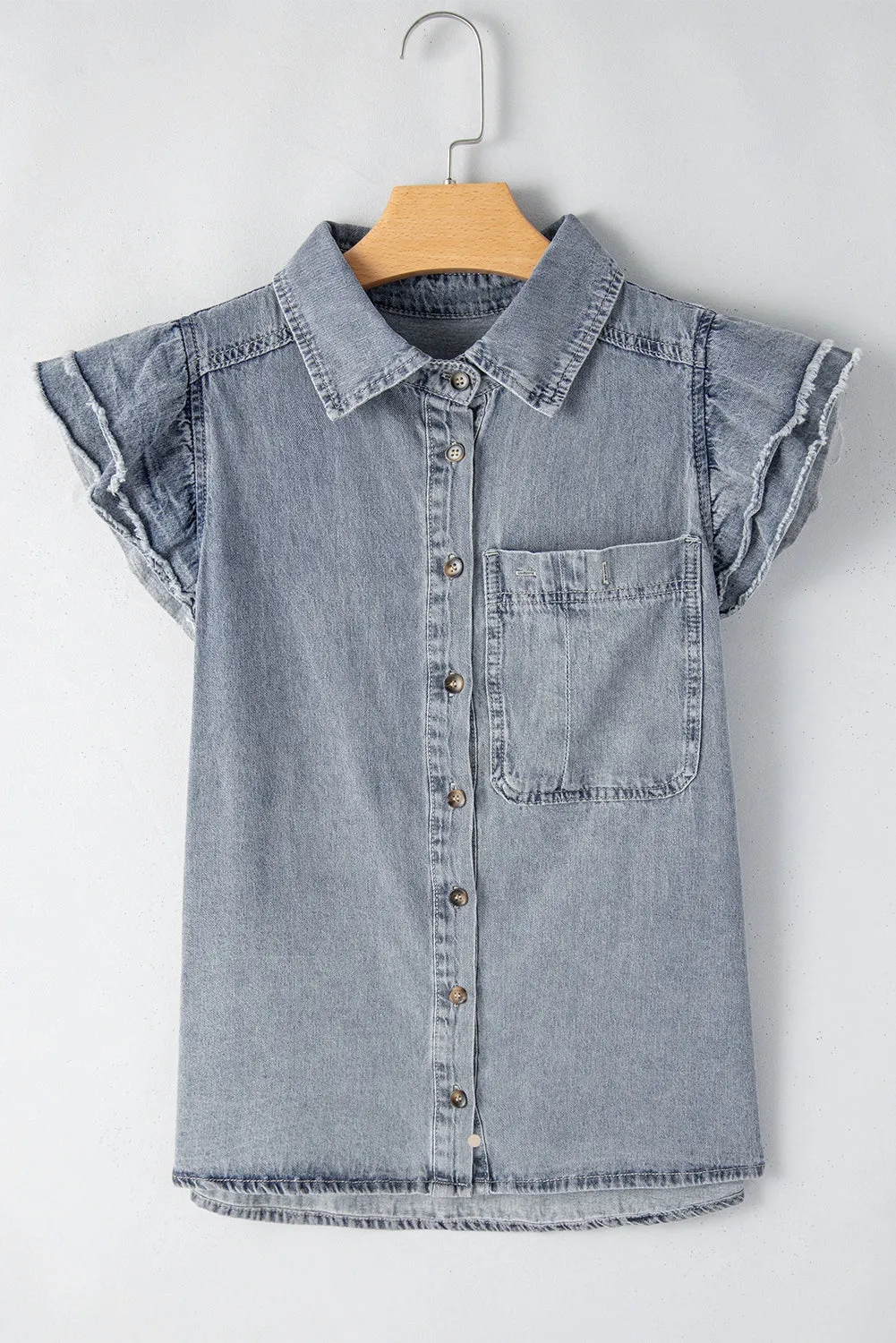 Gothic Outlaws Beau Blue Frayed Layered Ruffle Sleeve Denim Blouse
