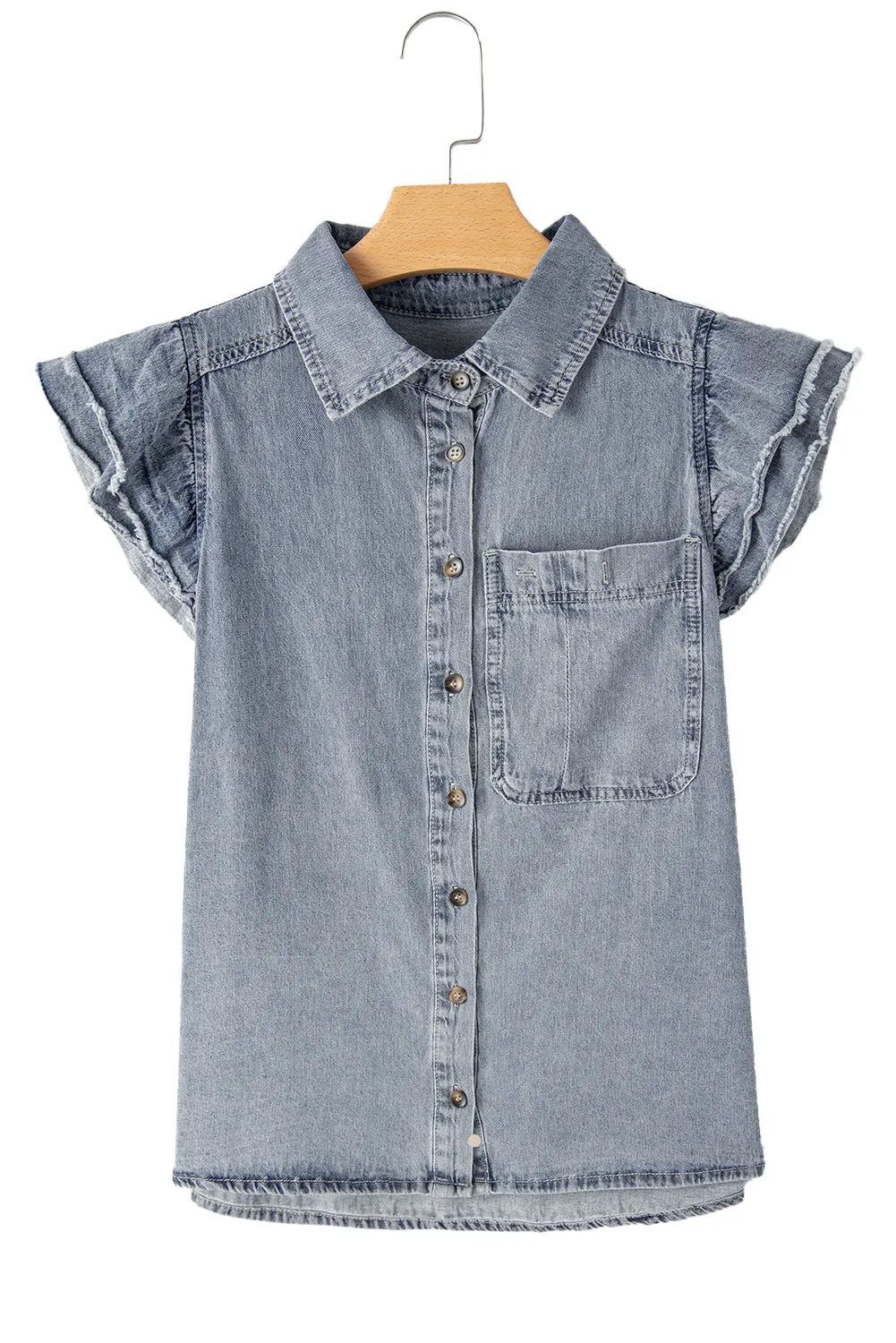 Gothic Outlaws Beau Blue Frayed Layered Ruffle Sleeve Denim Blouse