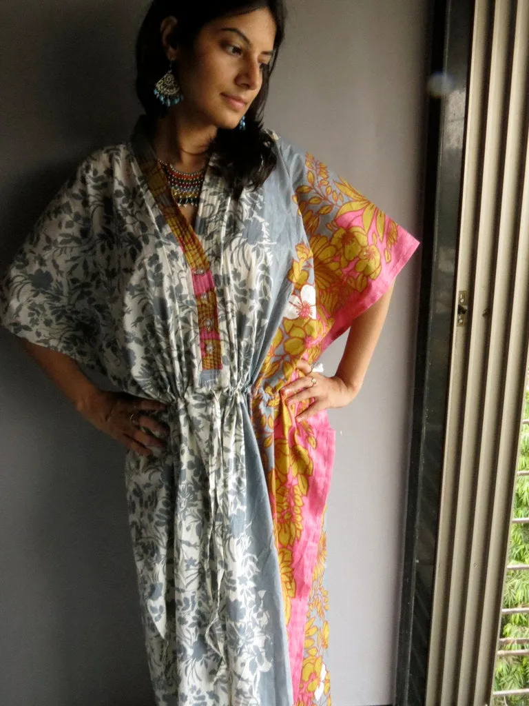 Gray Pink Leafy V-Neck Button Down to Waist, Ankle Length, Cinched Waist Caftan-F2 fabric Code