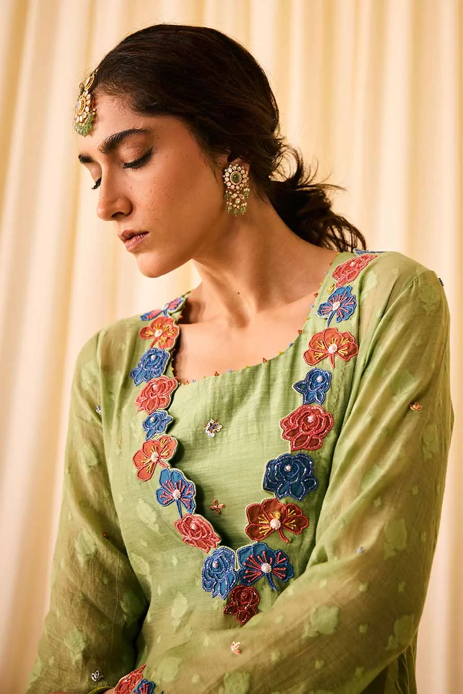 Green Jacquard Embroidered Slip Kurta Set