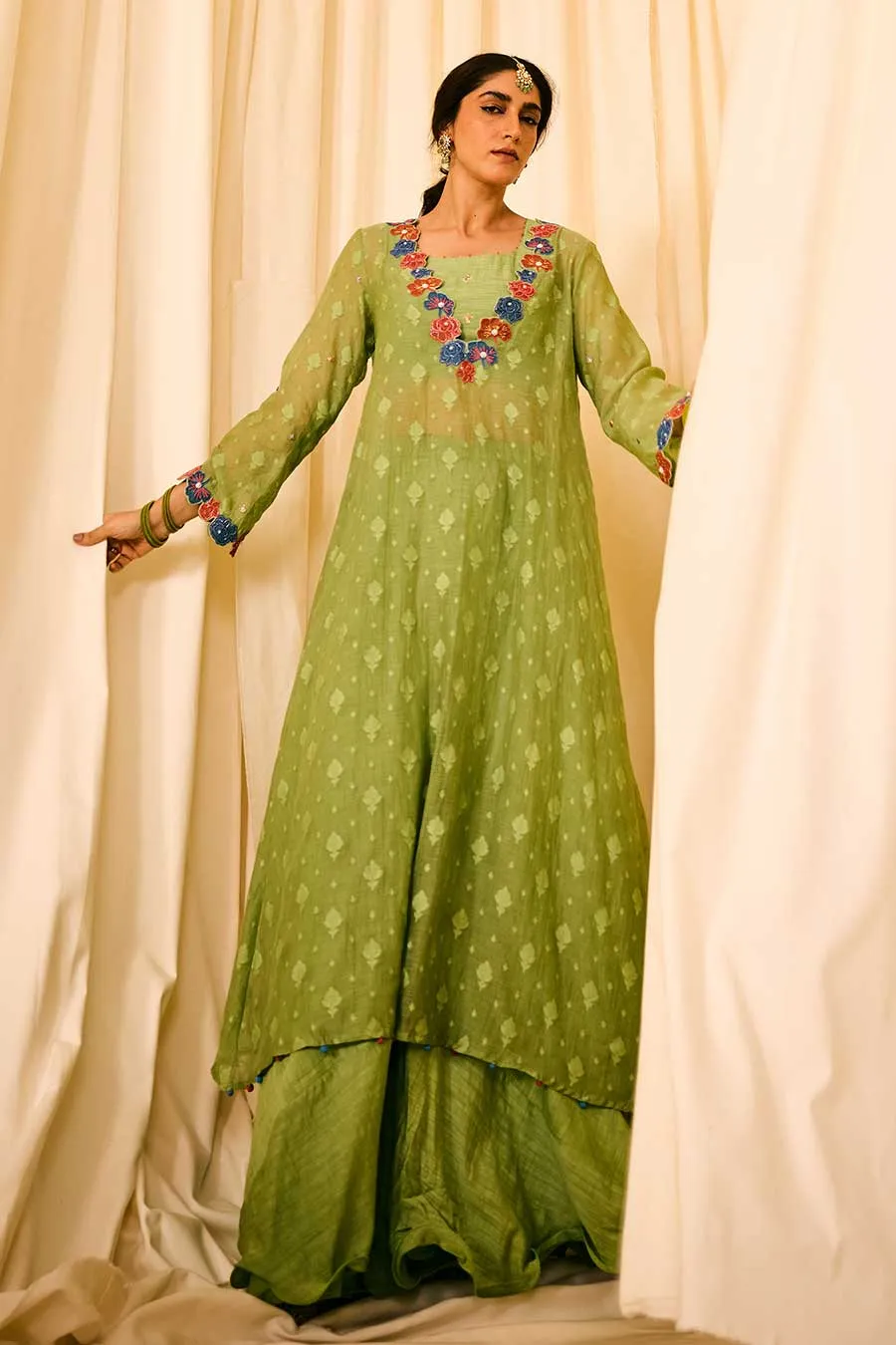 Green Jacquard Embroidered Slip Kurta Set