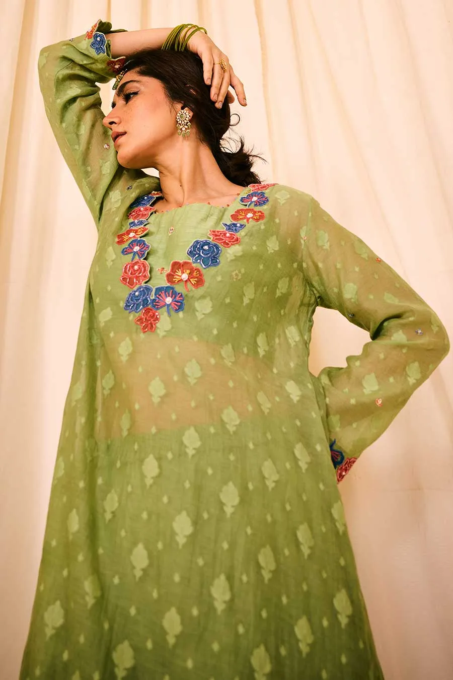 Green Jacquard Embroidered Slip Kurta Set