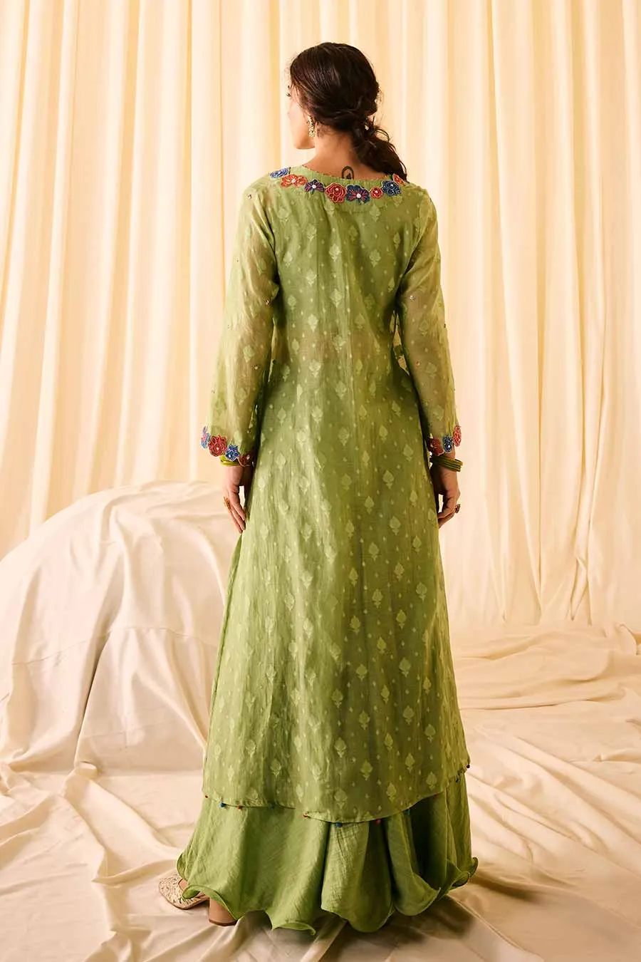 Green Jacquard Embroidered Slip Kurta Set