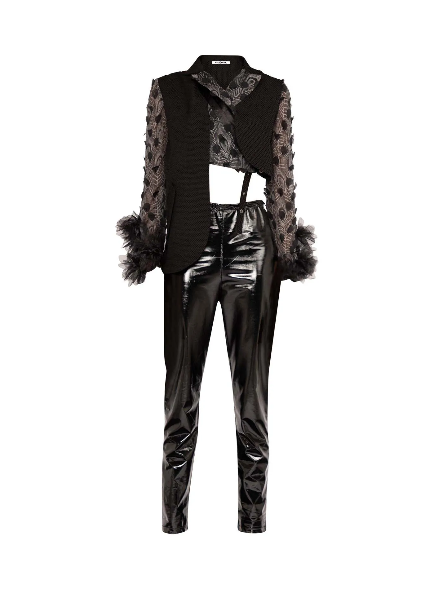 Grey Feather Embroidery Lace and Black Wool Blend Asymmetric Blazer