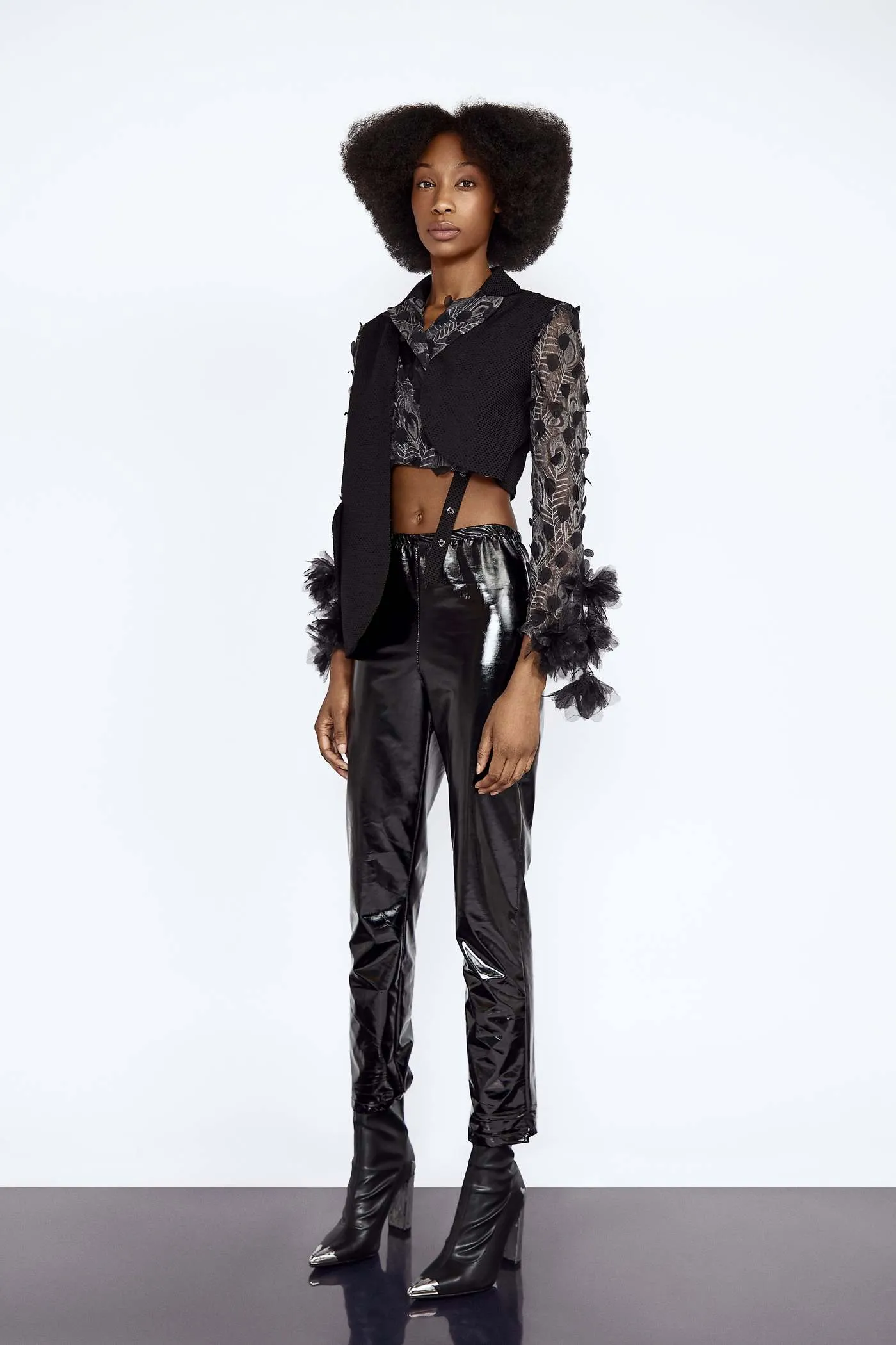 Grey Feather Embroidery Lace and Black Wool Blend Asymmetric Blazer