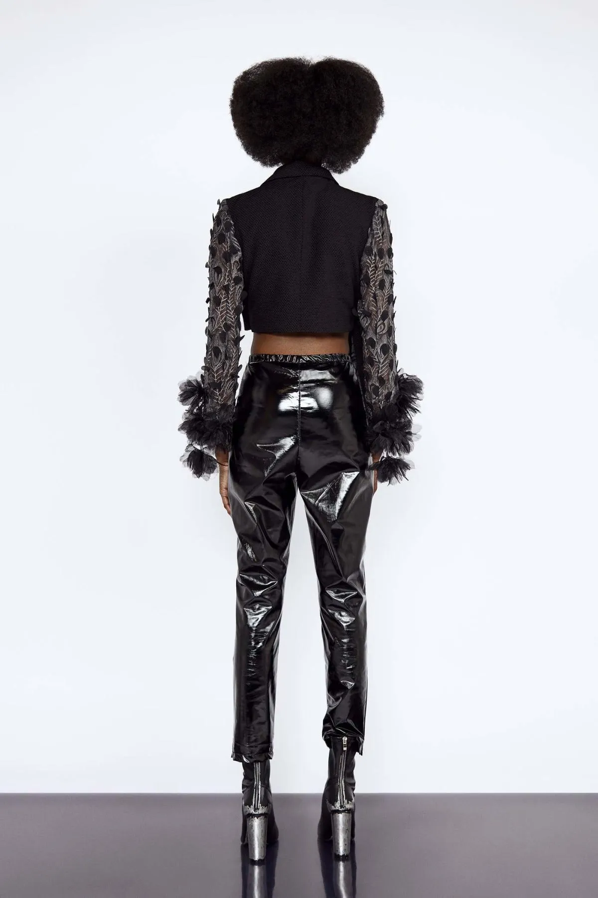 Grey Feather Embroidery Lace and Black Wool Blend Asymmetric Blazer