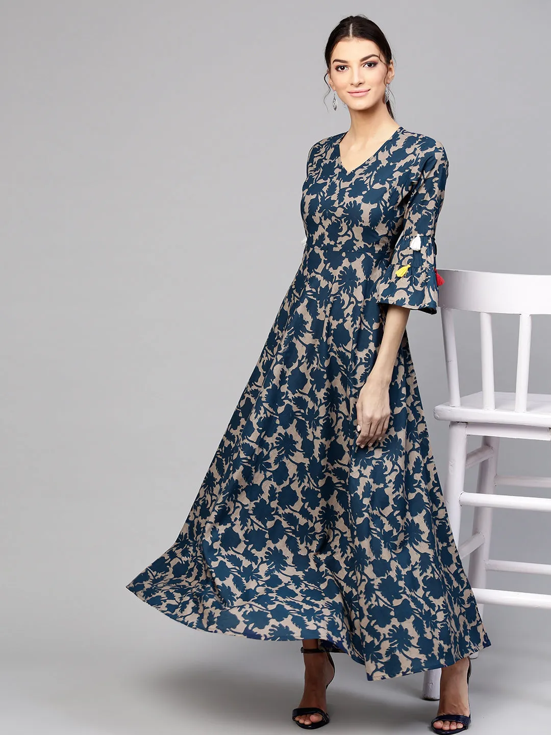Grey Indigo Floral Tiered Sleeves Maxi