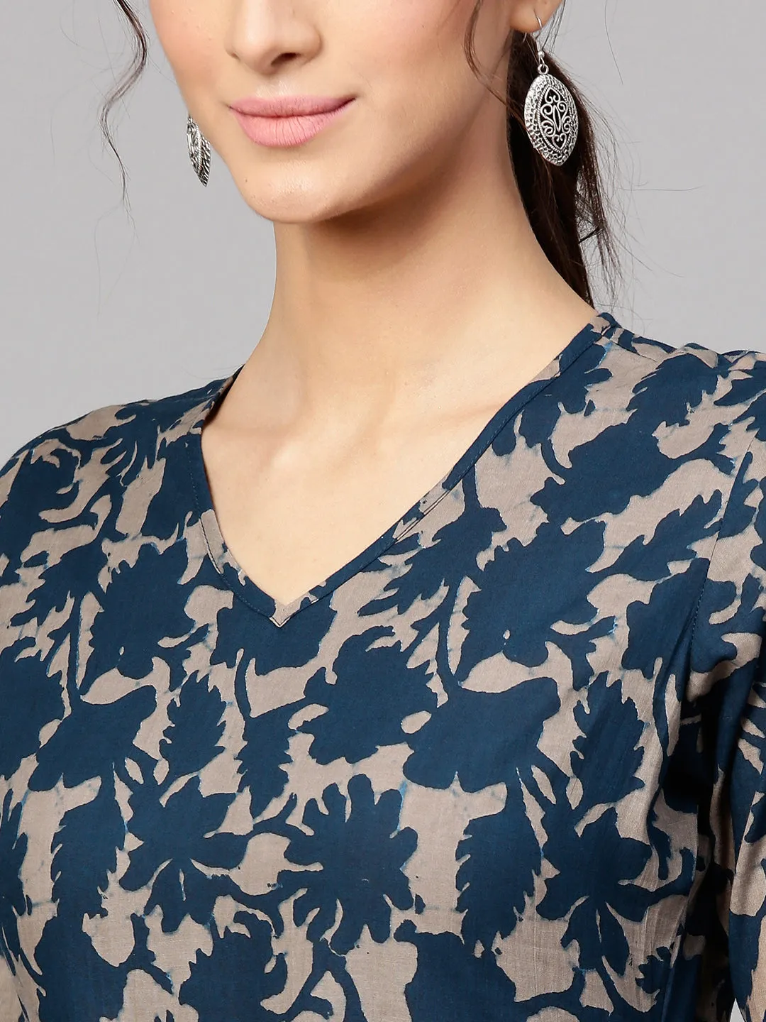 Grey Indigo Floral Tiered Sleeves Maxi
