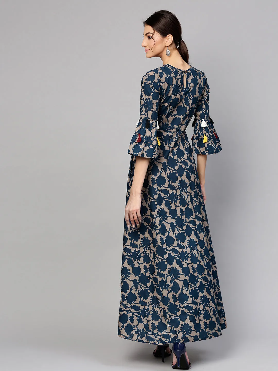 Grey Indigo Floral Tiered Sleeves Maxi