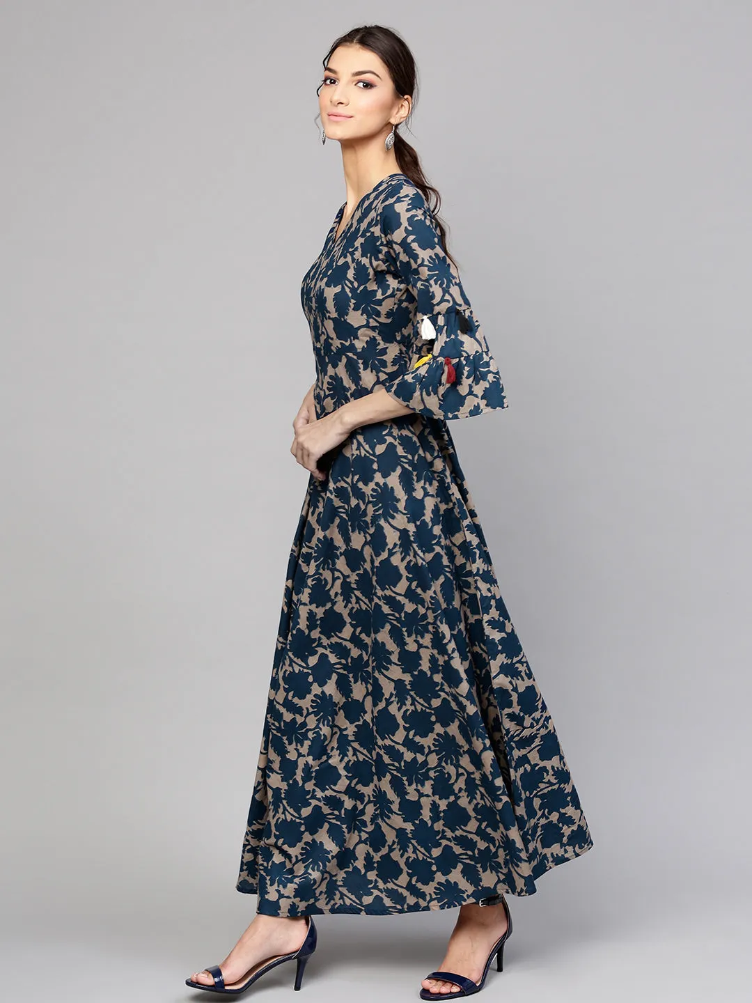 Grey Indigo Floral Tiered Sleeves Maxi