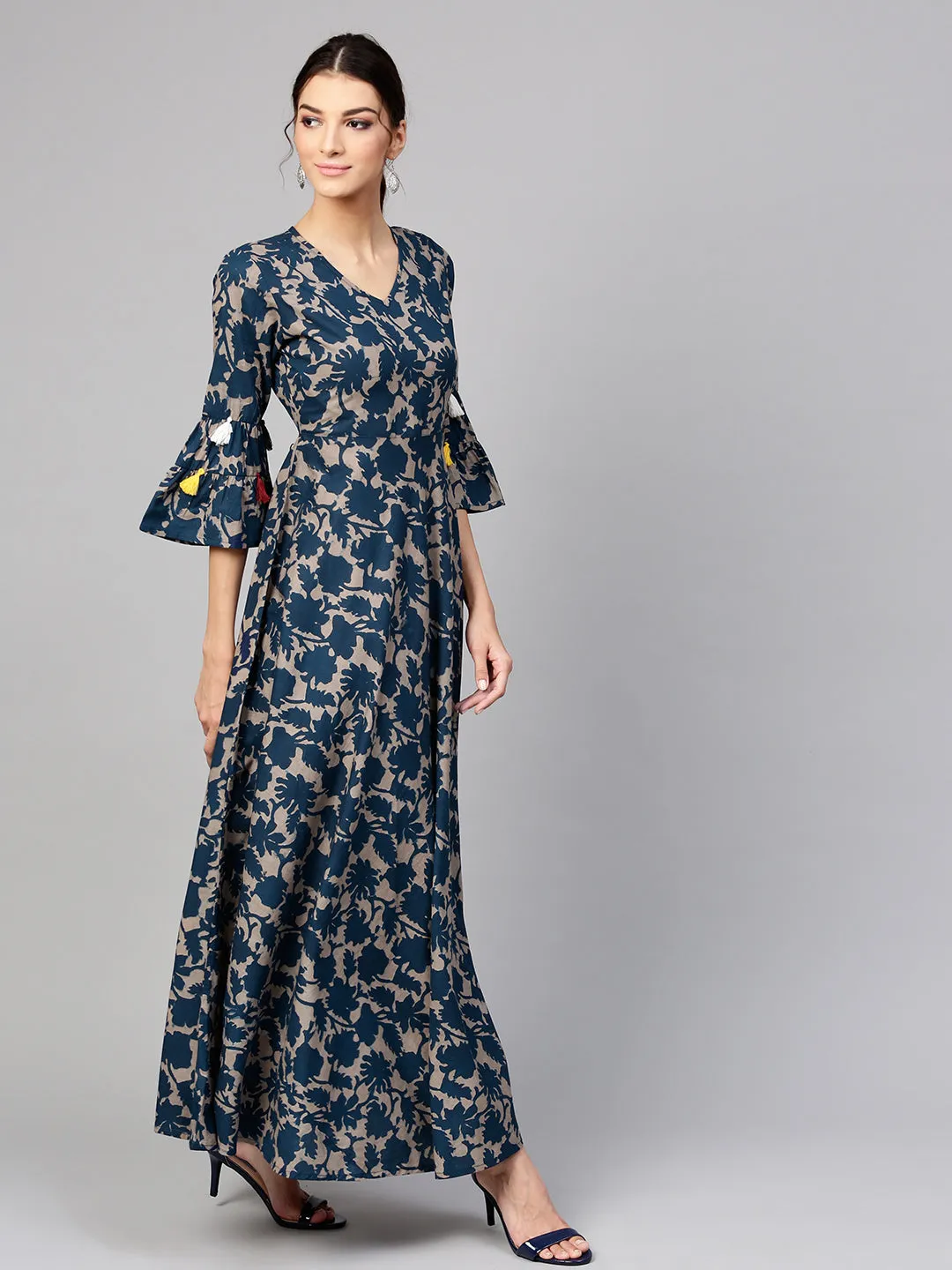 Grey Indigo Floral Tiered Sleeves Maxi