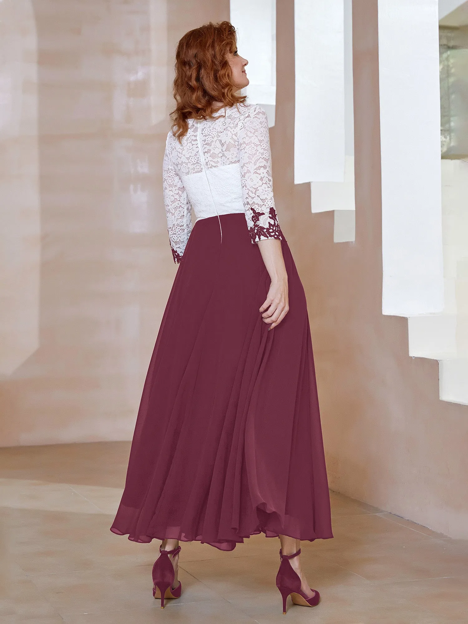 Illusion Neckline Applique Long Sleeves Dress Mulberry