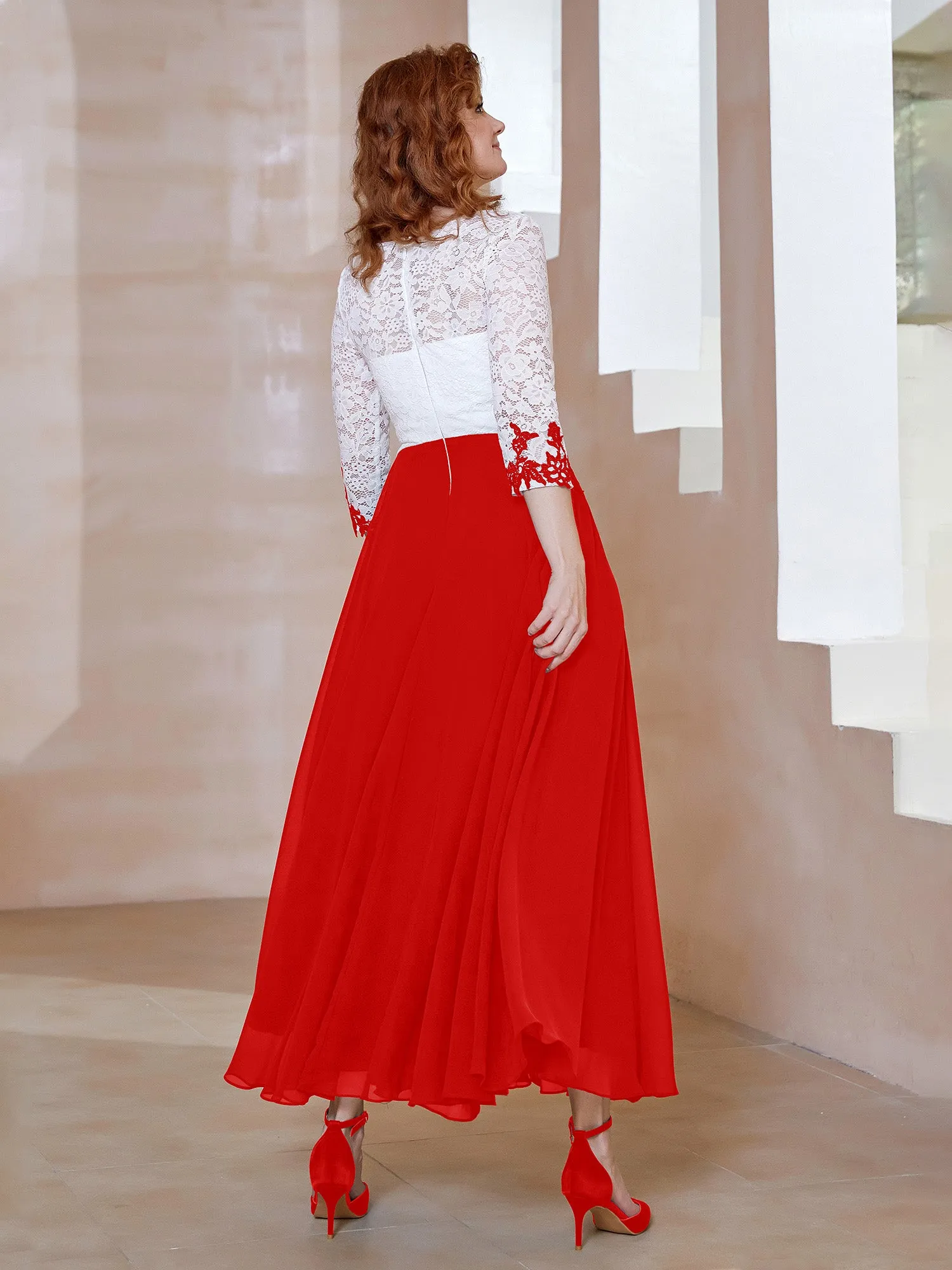 Illusion Neckline Applique Long Sleeves Dress Red