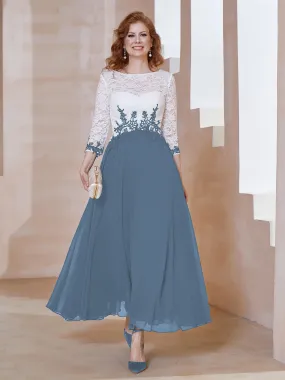 Illusion Neckline Applique Long Sleeves Dress Slate Blue