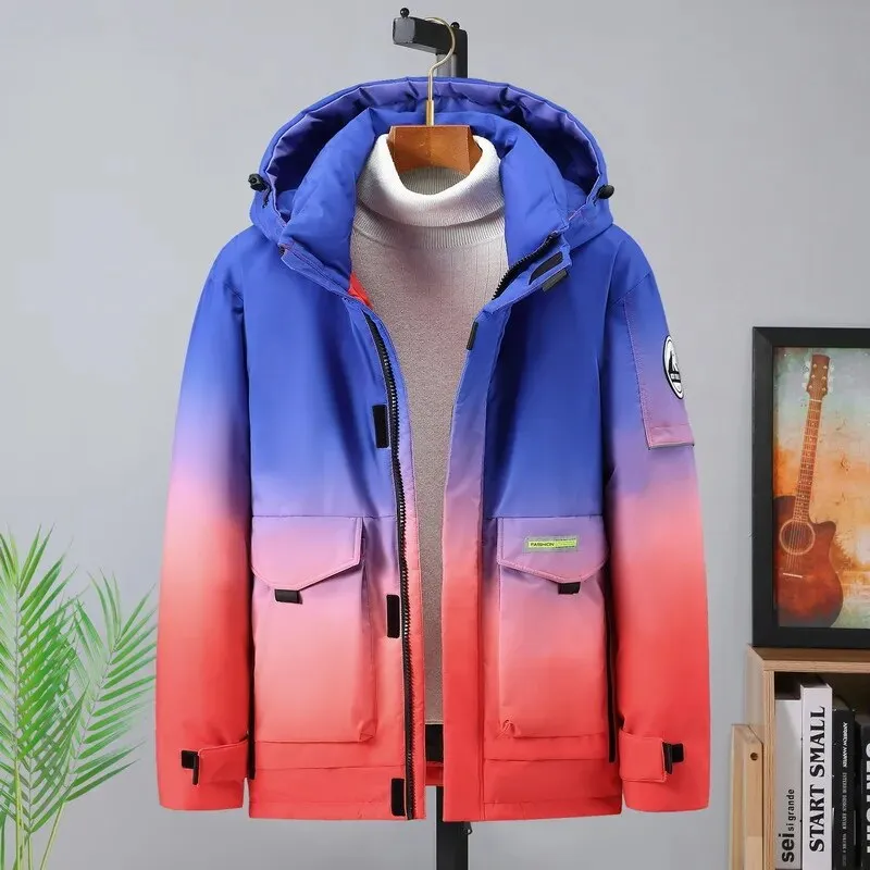 Ilooove - New Winter Gradient Down Cotton Jacket for Plus Size Men Thickened Parka Cold-proof Korean Style Trendy Coat