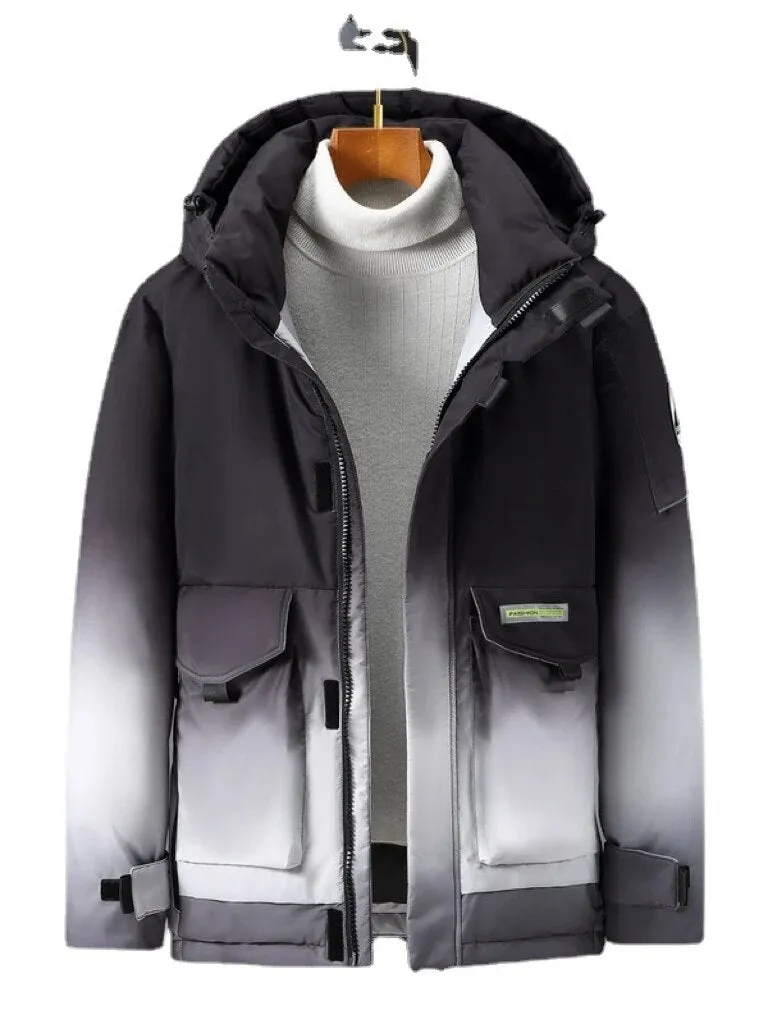 Ilooove - New Winter Gradient Down Cotton Jacket for Plus Size Men Thickened Parka Cold-proof Korean Style Trendy Coat