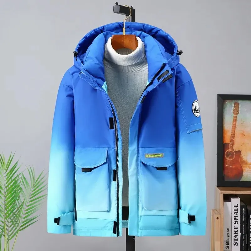 Ilooove - New Winter Gradient Down Cotton Jacket for Plus Size Men Thickened Parka Cold-proof Korean Style Trendy Coat