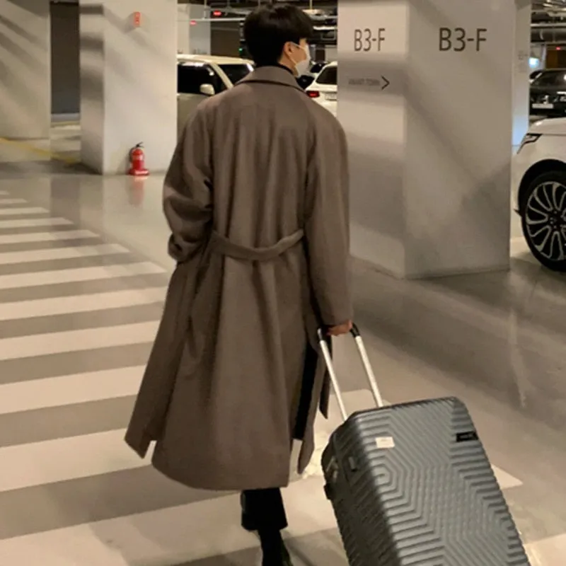 Jinquedai  Korean Trend Men's Loose Casual Single-breasted Overcoat Autumn Winter Fashion New Long Sleeve Woolen Long Coat 9D1665