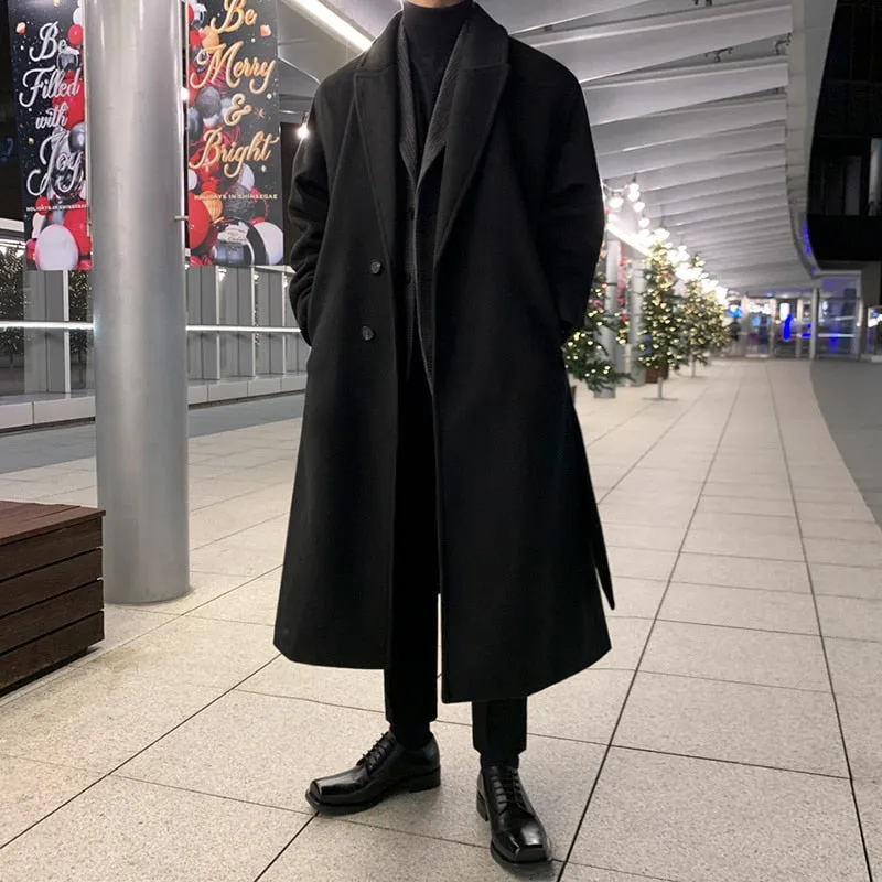 Jinquedai  Korean Trend Men's Loose Casual Single-breasted Overcoat Autumn Winter Fashion New Long Sleeve Woolen Long Coat 9D1665