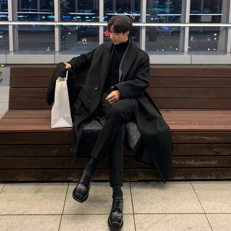 Jinquedai  Korean Trend Men's Loose Casual Single-breasted Overcoat Autumn Winter Fashion New Long Sleeve Woolen Long Coat 9D1665