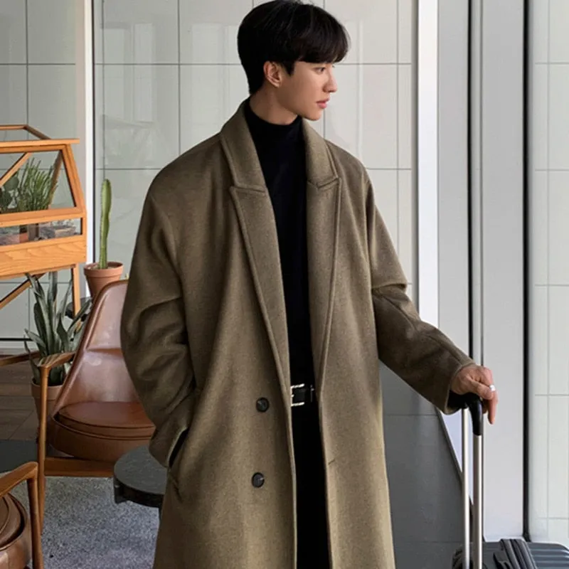 Jinquedai  Korean Trend Men's Loose Casual Single-breasted Overcoat Autumn Winter Fashion New Long Sleeve Woolen Long Coat 9D1665
